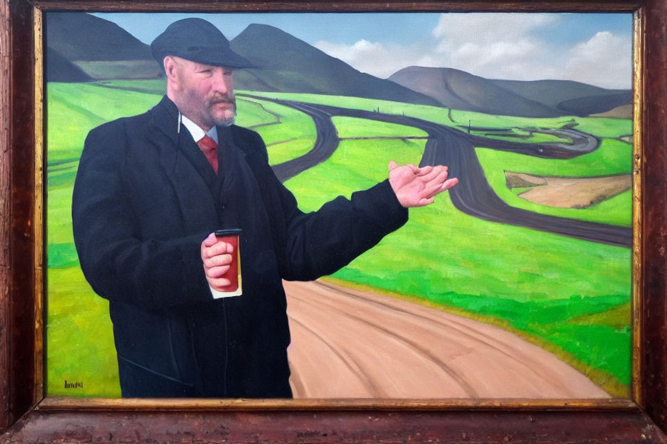 Man in black coat and hat with cup gesturing in front of painting of winding road and green hills