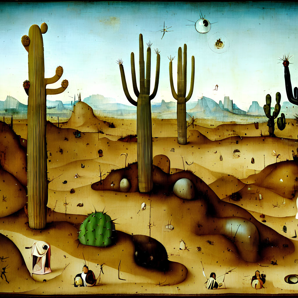 Surreal desert landscape with anthropomorphic cacti and whimsical creatures