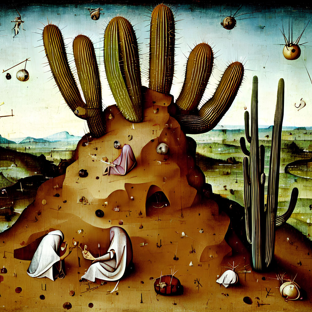 Surrealist desert scene with anthropomorphic cacti and monks engaging in odd activities