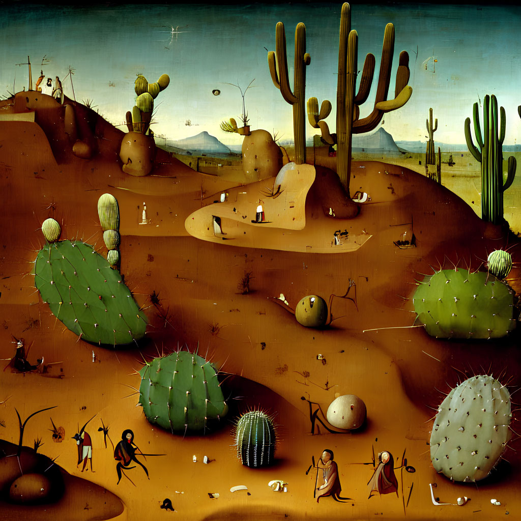 Surreal desert landscape with cacti and anthropomorphic figures under golden sky