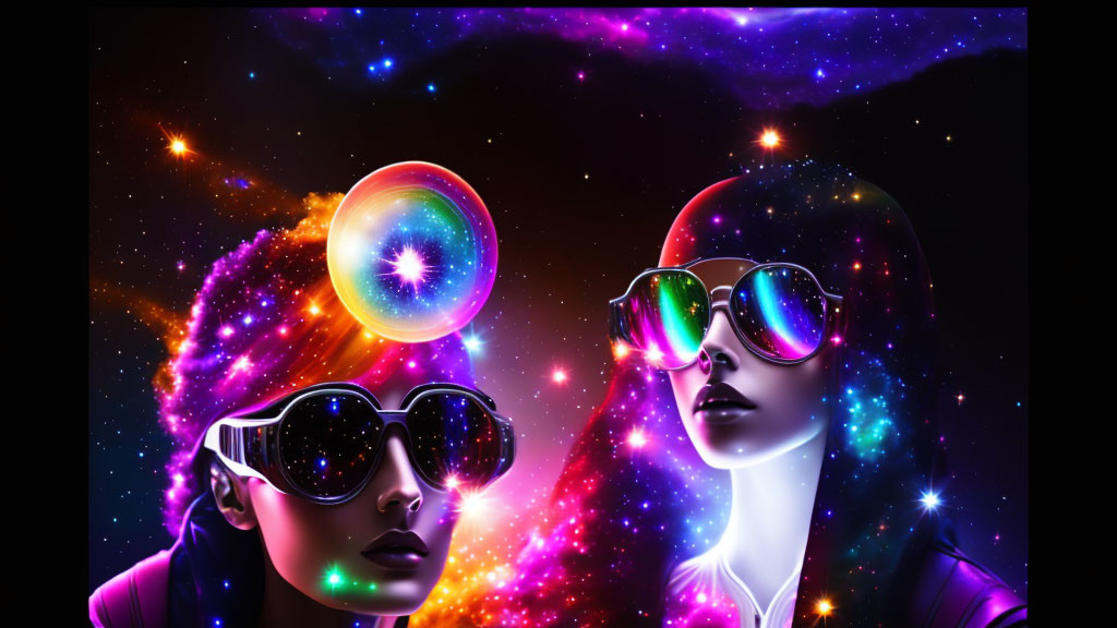 Stylized faces with reflective sunglasses on cosmic background