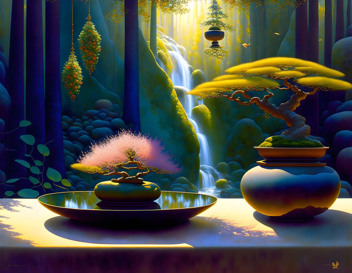 Colorful painting of bonsai trees, waterfall, and glowing forest.