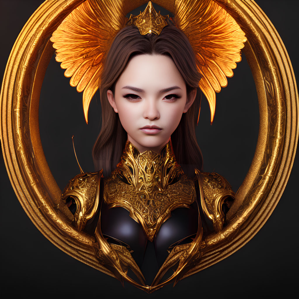 Digital artwork of woman in golden crown and armor with halo on dark background