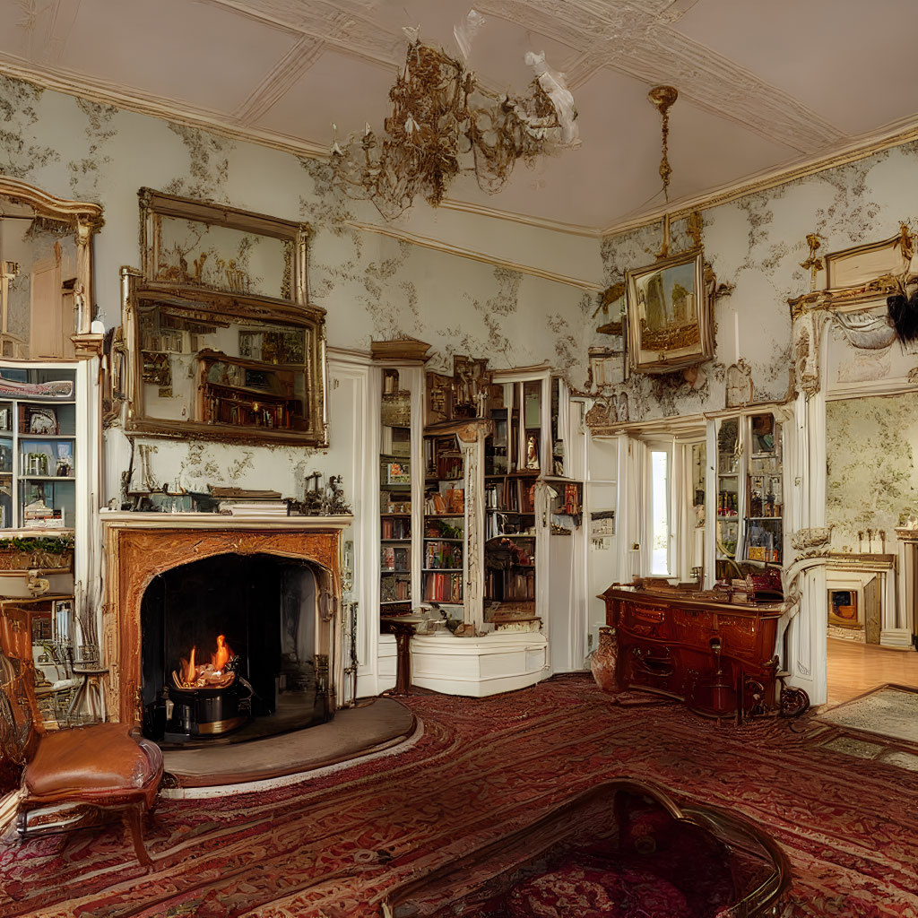 Vintage Room with Fireplace, Mirrors, Chandelier, Bookcases, Antique Furniture & Carpet