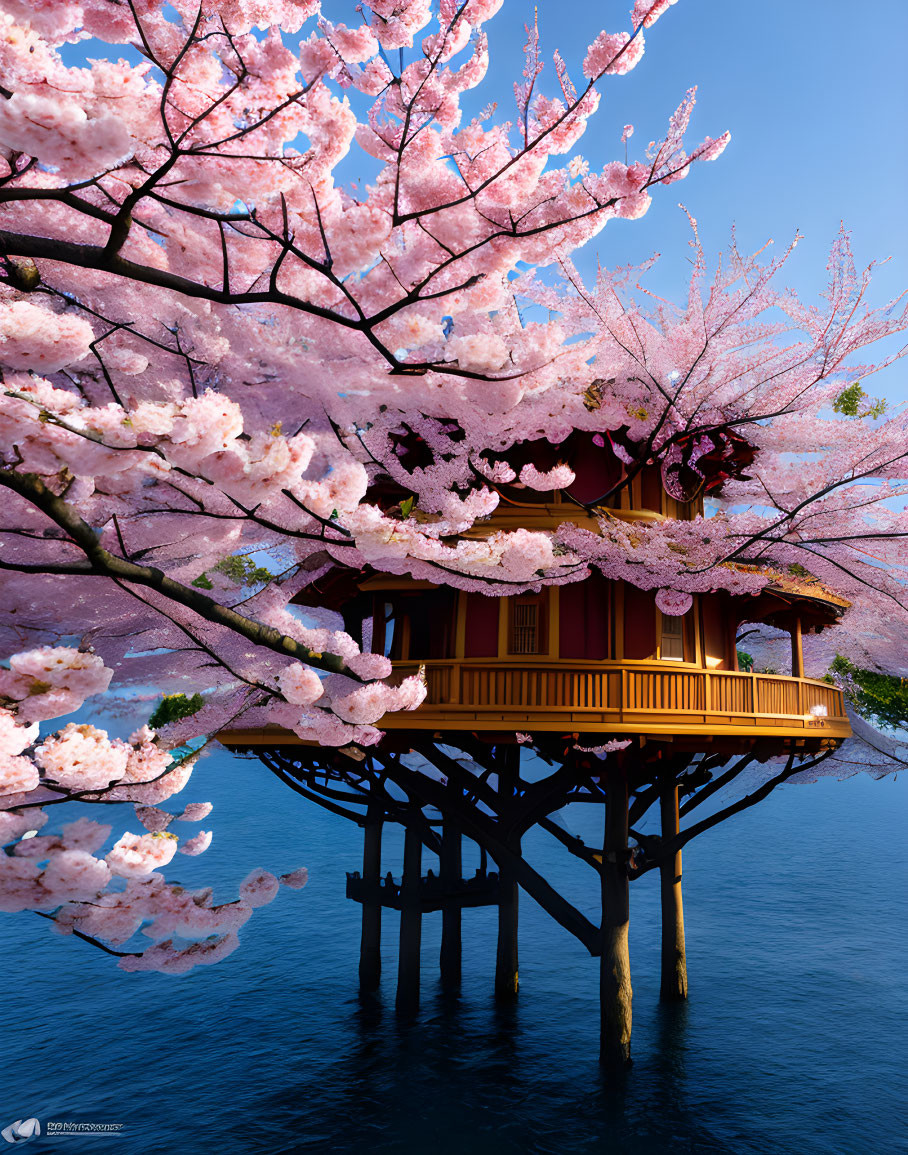 Traditional Japanese pagoda with cherry blossoms over water