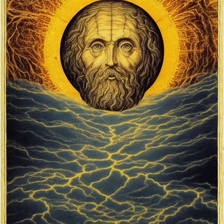 Bearded man's face in golden halo above electrified sea waves