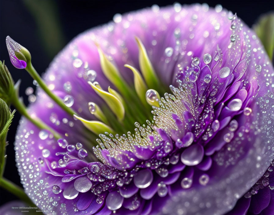 Purple flower with water droplets in soft light against dark background