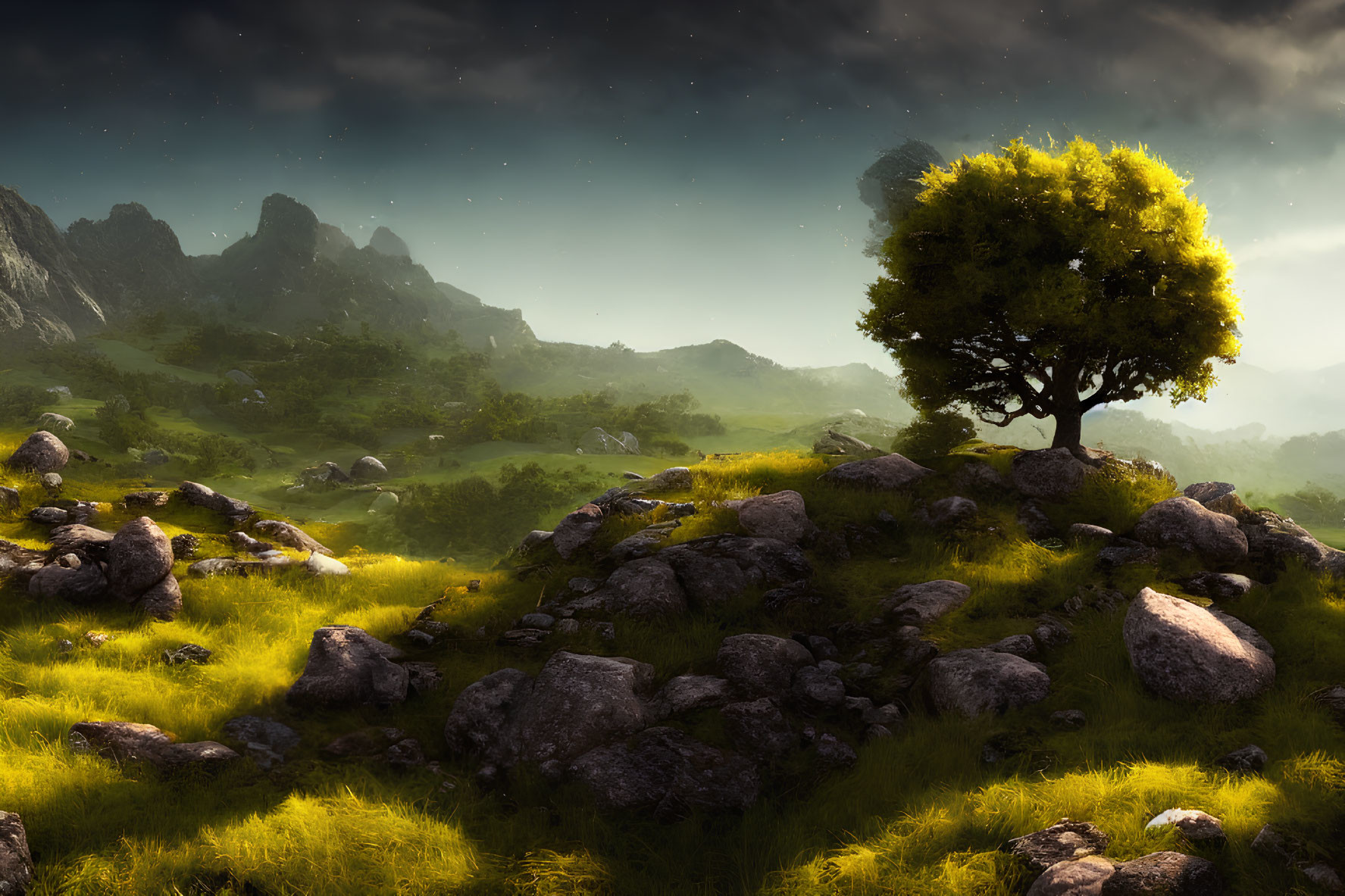 Solitary tree on grassy hillock with mountain peaks and starry sky