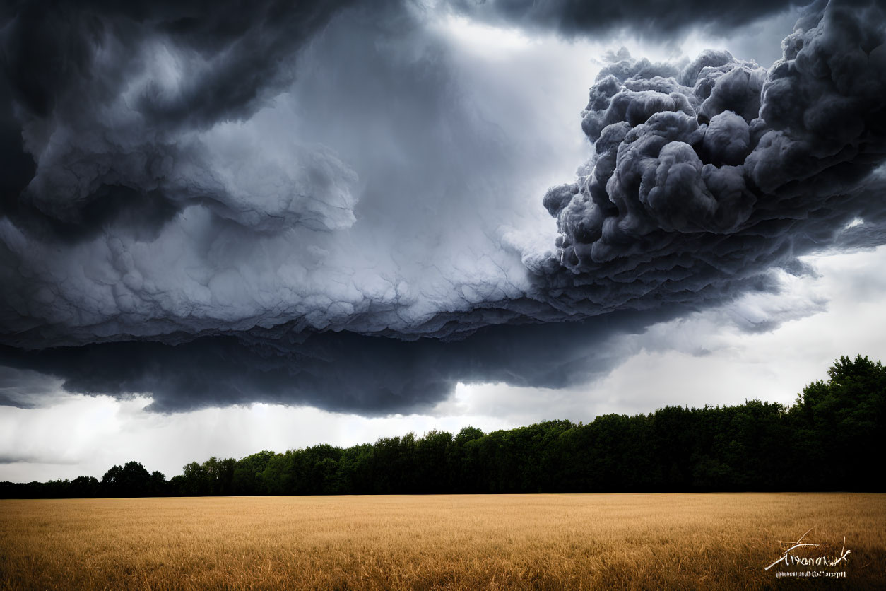 Dramatic storm cloud over golden wheat field and dark forest horizon