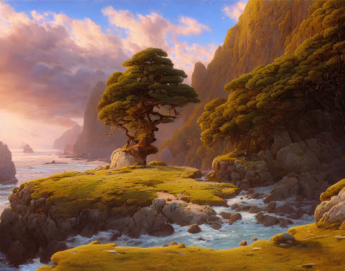 Majestic tree on mossy cliff in serene landscape