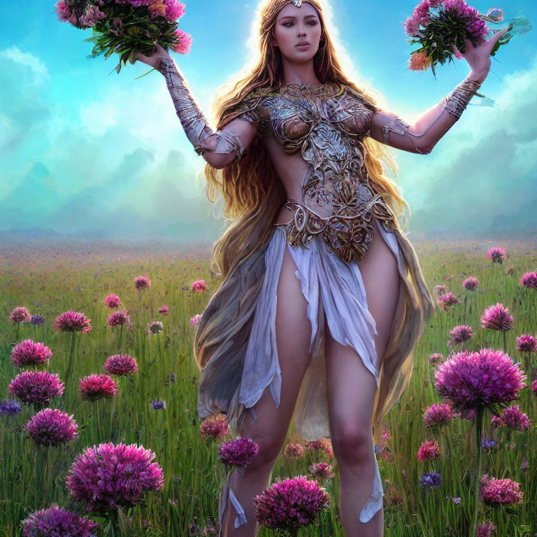 Fantasy warrior woman in elaborate armor in vibrant flower field