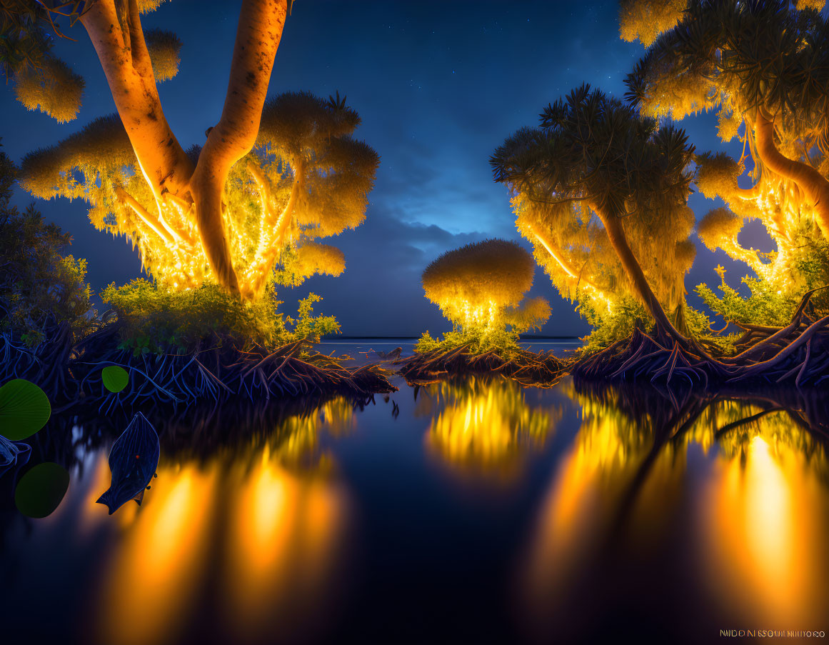 Illuminated trees reflecting on tranquil water with mangrove roots and mysterious glow