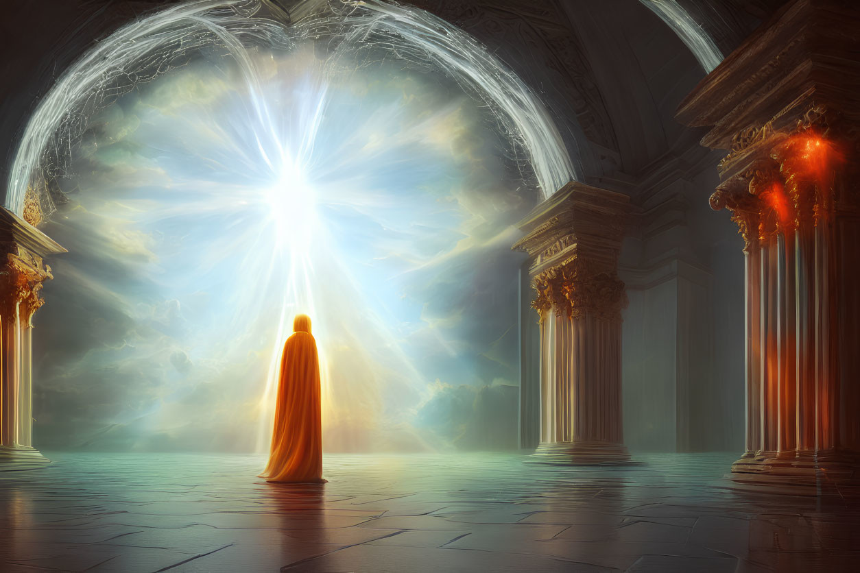 Robed Figure in Classical Hall with Ethereal Light Burst