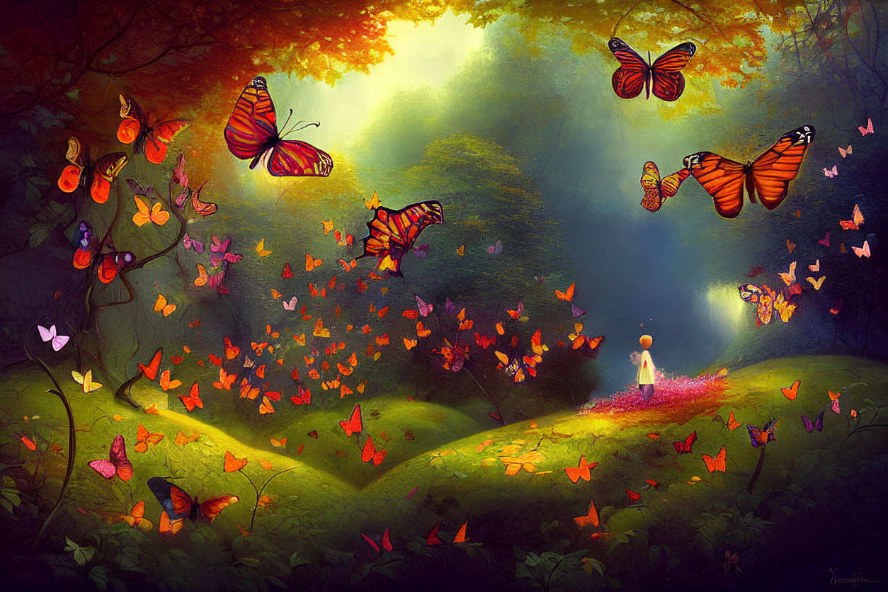 Colorful Butterflies in Whimsical Forest Setting