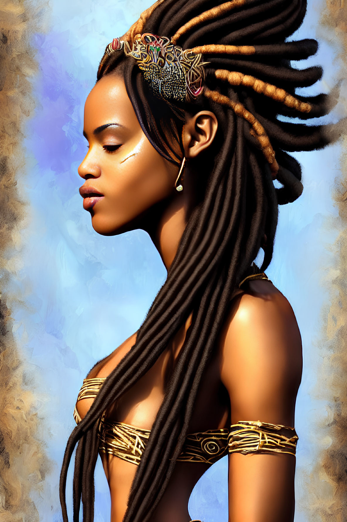 Woman with long dreadlocked hair and ethnic jewelry in profile view.