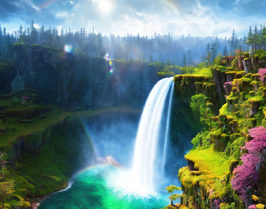 Scenic waterfall surrounded by lush cliffs and vibrant greenery