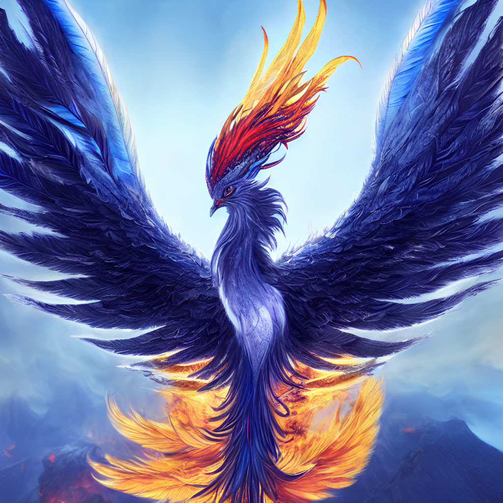 Majestic phoenix soaring with blue and fiery plumage against mountain backdrop