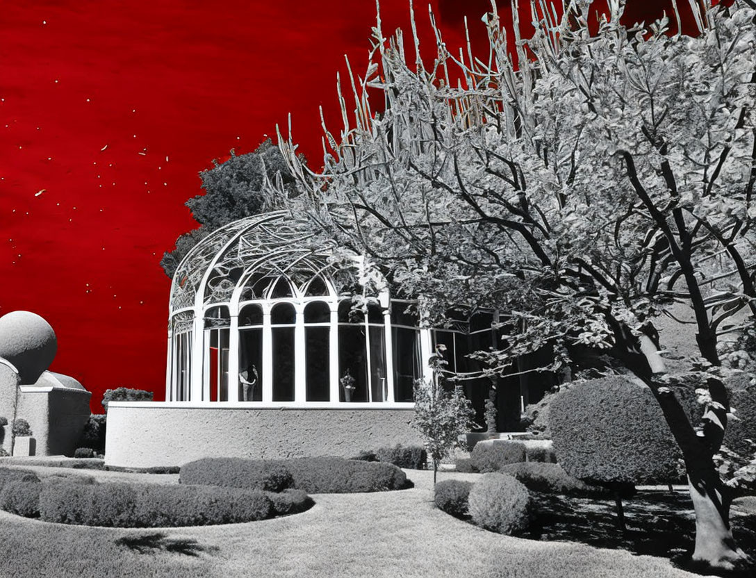 Surreal glasshouse with white arches in red-tinted garden landscape