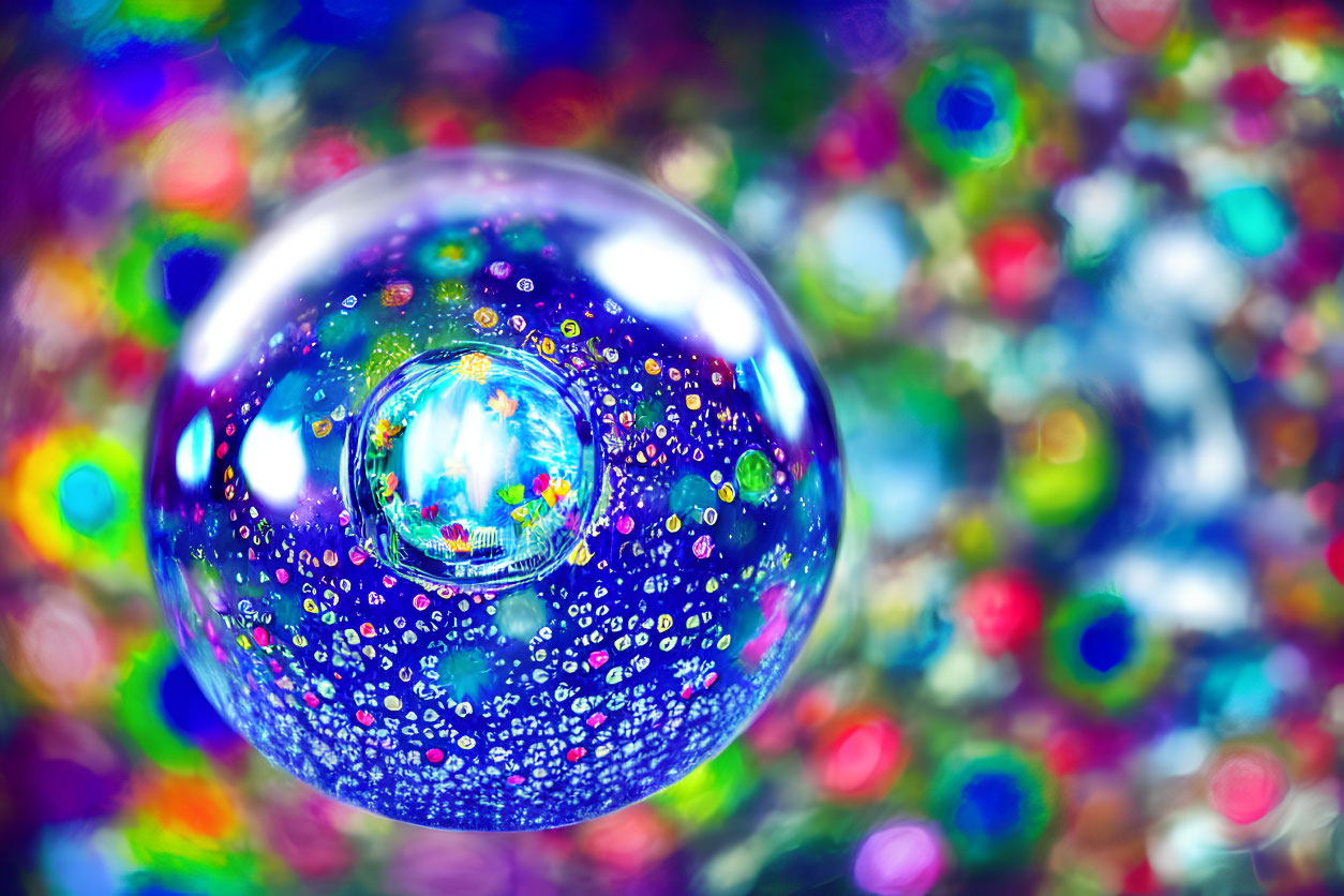 Colorful soap bubble close-up with iridescent colors and water droplets on bokeh background