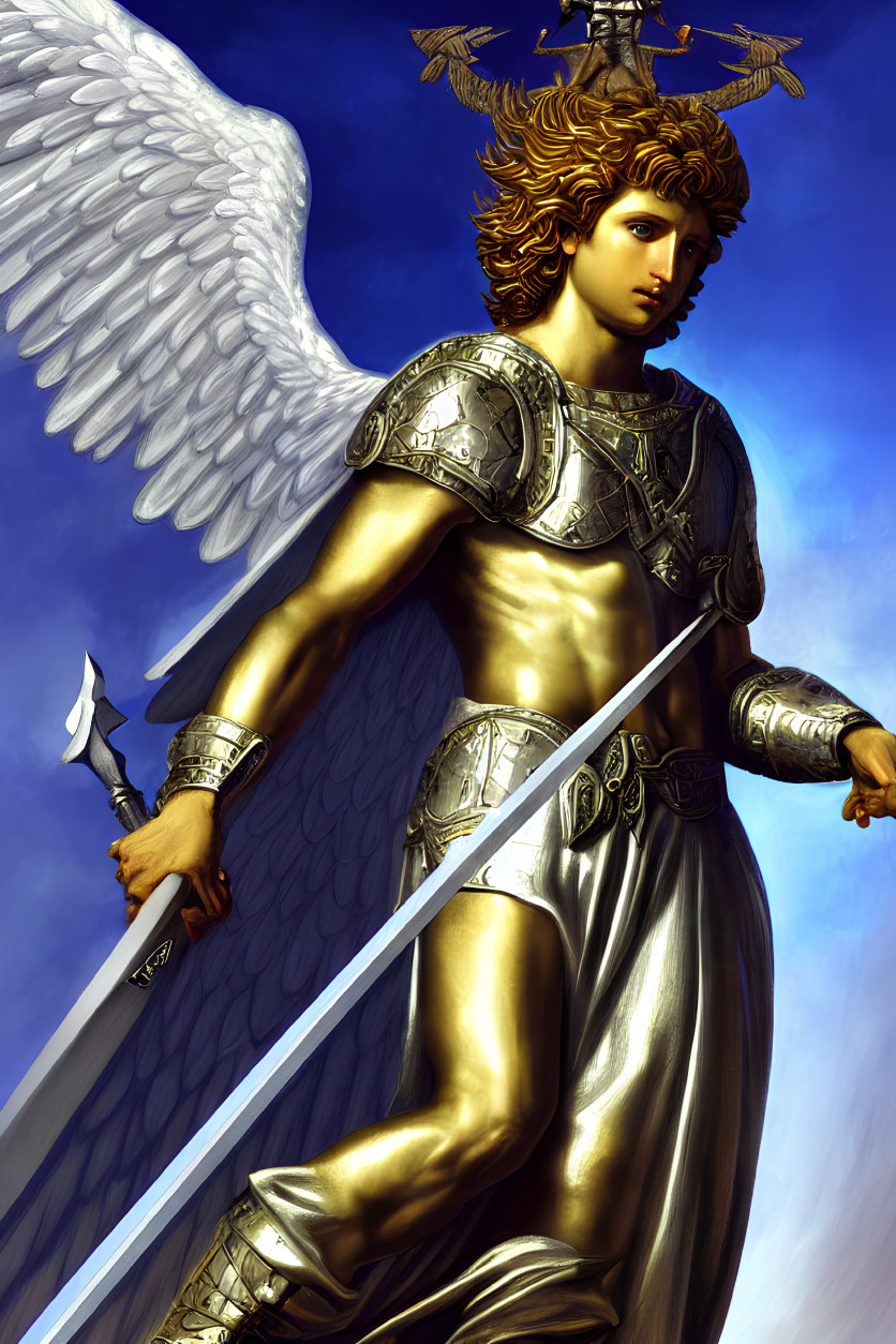 Silver-armored angel with sword, white wings, and golden hair in blue sky