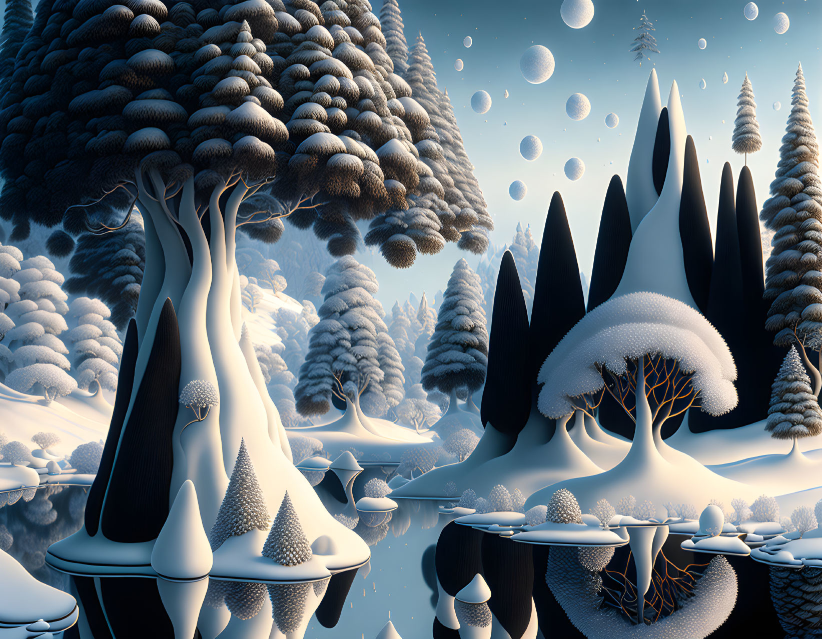 Surreal Winter Landscape with Oversized Pine Cones and Floating Bubbles