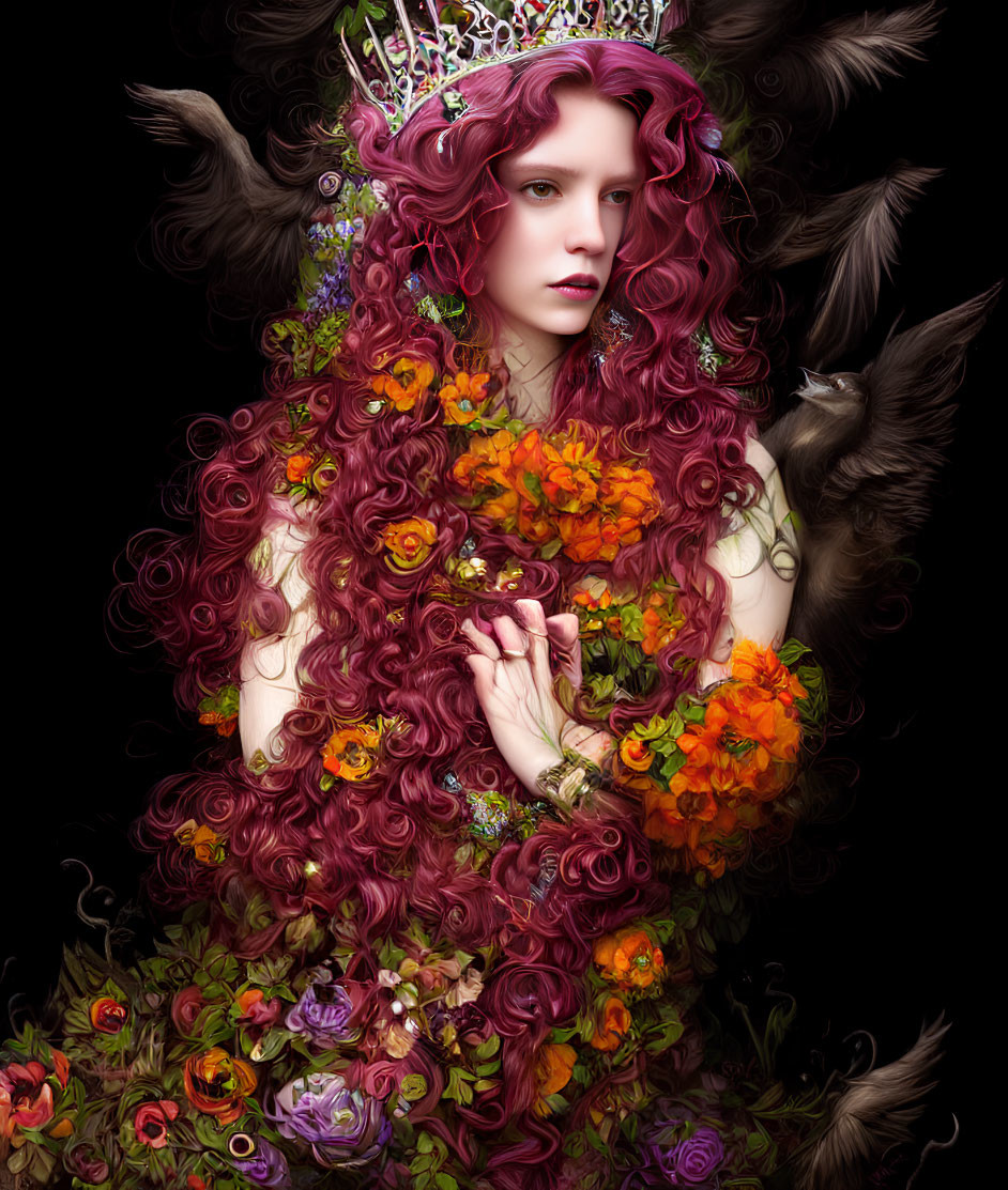 Elaborate Curly Red Hair Portrait with Floral Crown on Black Background