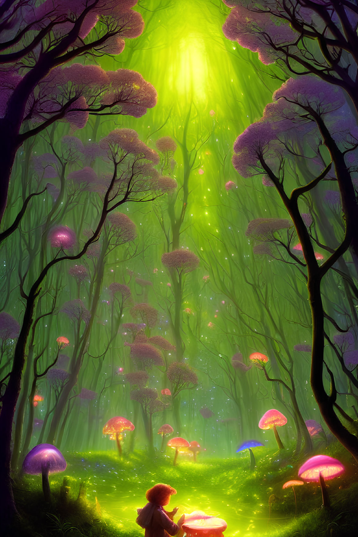 Child exploring vibrant forest with glowing mushrooms and mystical green light