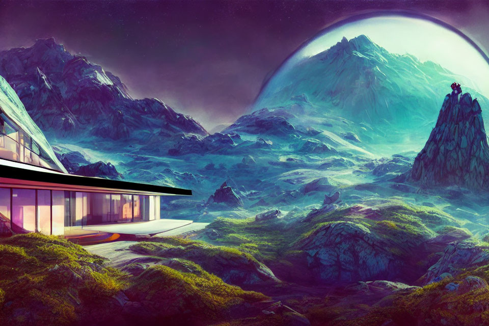 Futuristic house on alien world with large windows, rugged terrain, and towering mountain under huge planet