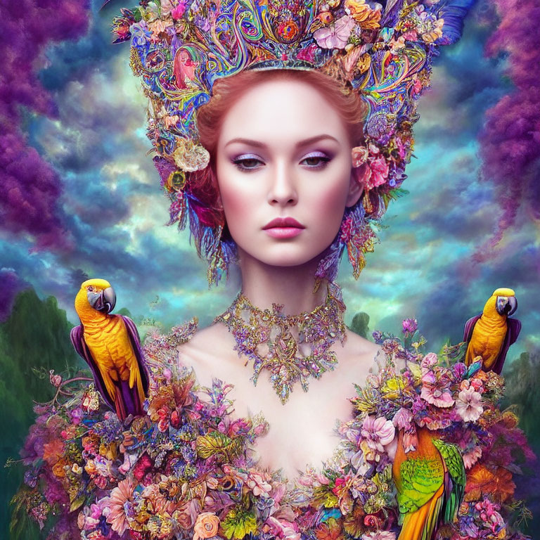 Colorful Woman with Headdress, Jewelry, Parrots, and Floral Background