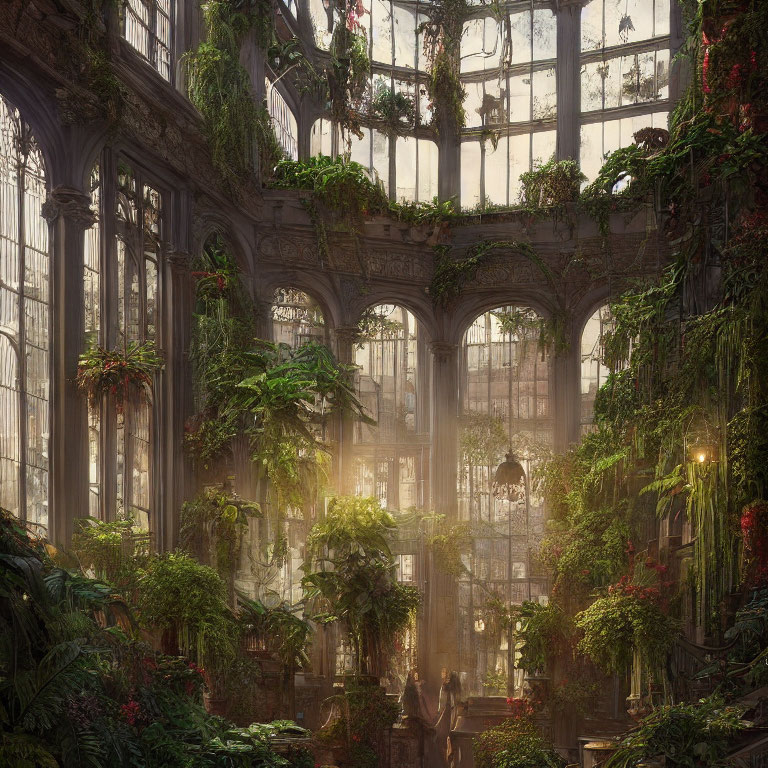 Lush greenhouse with towering plants and people in tranquil setting