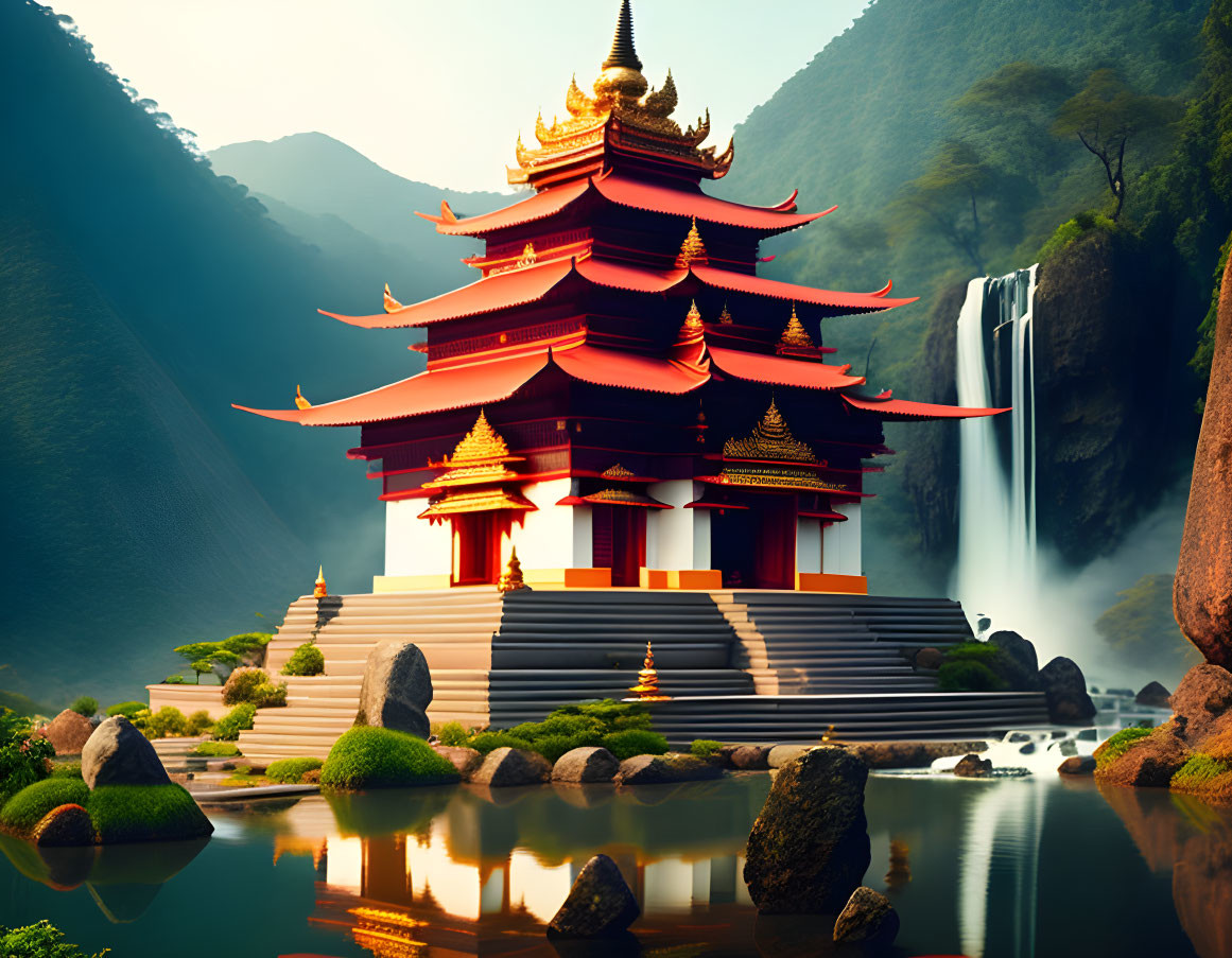 Traditional Red and Gold Pagoda Near Waterfall Surrounded by Green Mountains