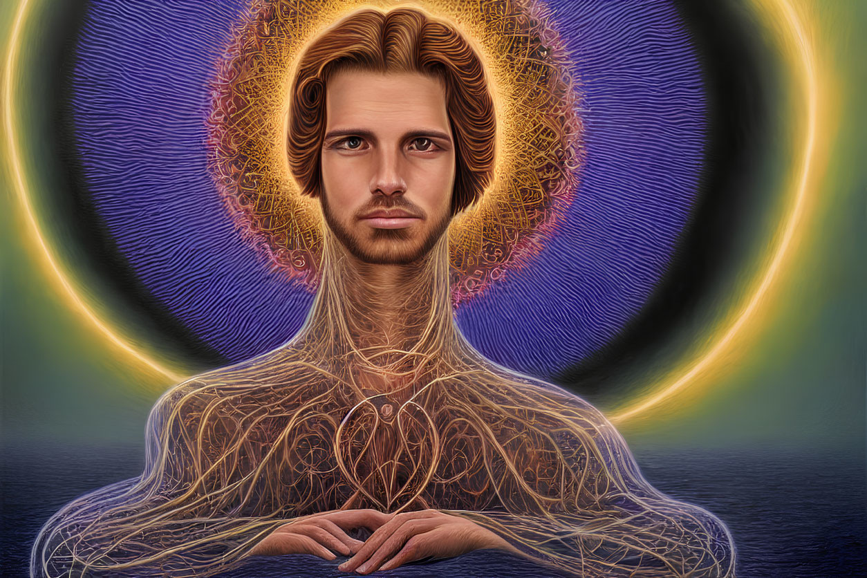 Detailed digital portrait: man meditating with glowing fractal patterns and auras.