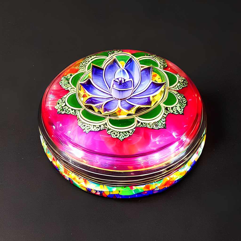 Vibrant Lotus Design on Colorful Round Metal Box