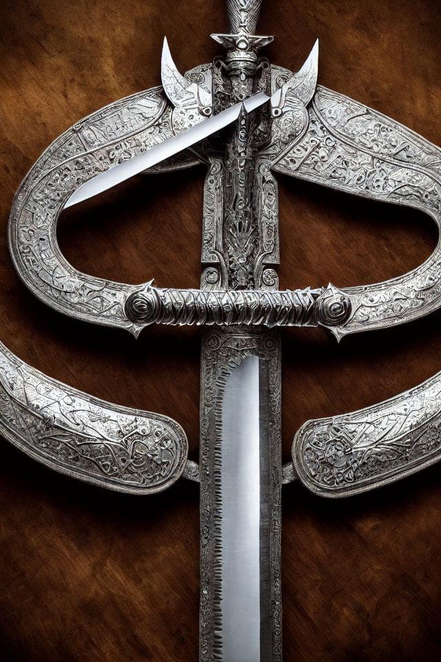 Intricately designed silver hilt ceremonial sword on warm brown backdrop