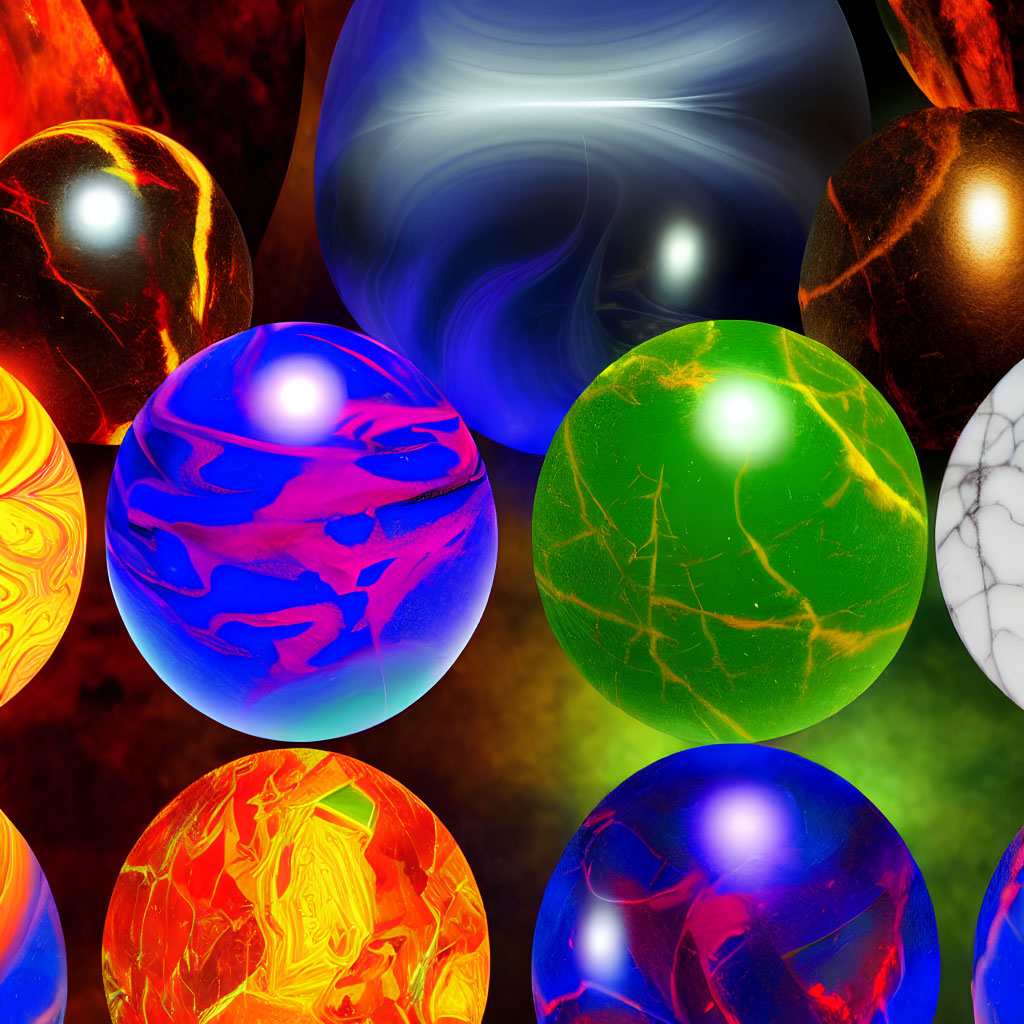 Colorful Glossy Spherical Orbs with Swirling Patterns and Varied Textures