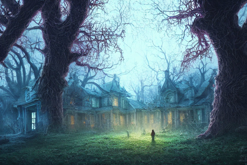 Mystical forest clearing with eerie illuminated house at twilight