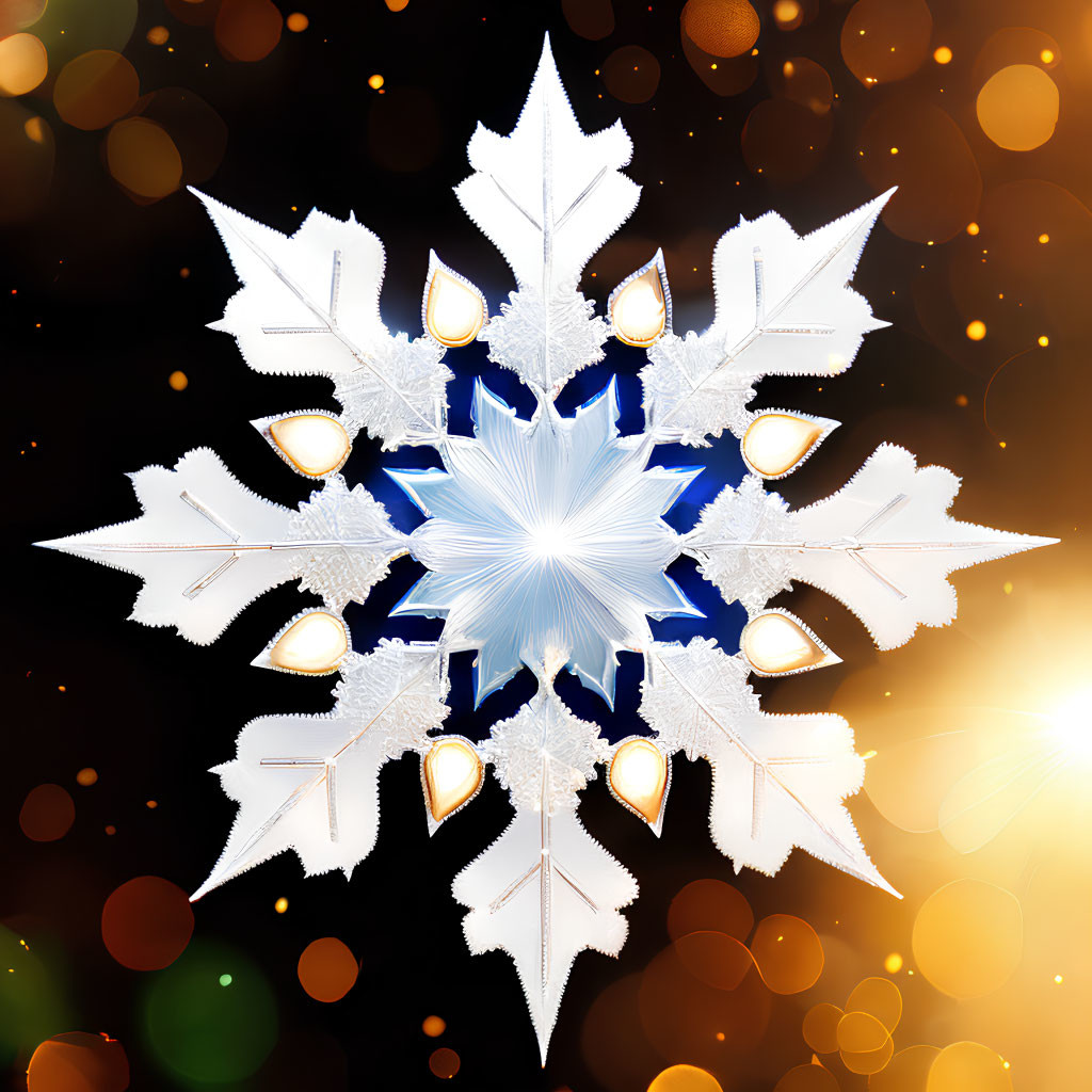 Symmetrical blue and white snowflake graphic on black background