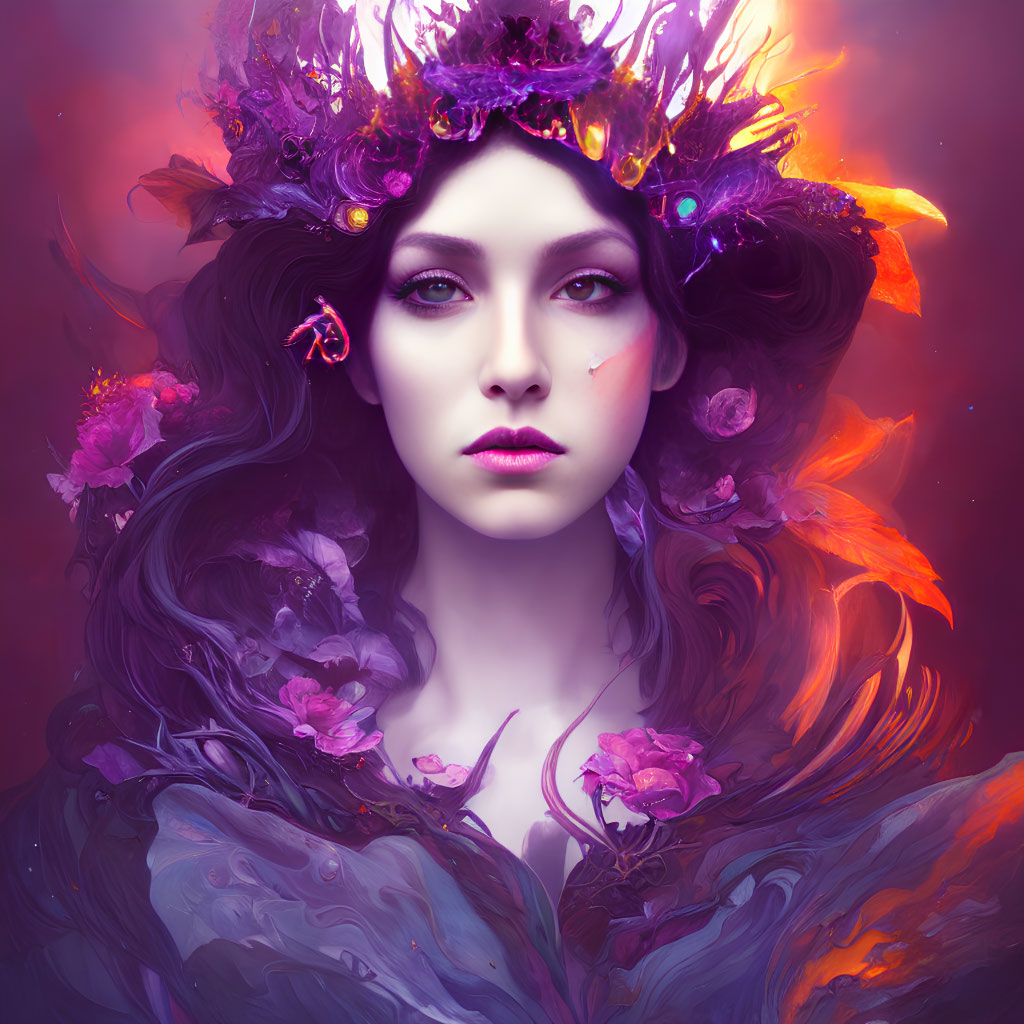 Portrait of a woman with floral crown in vibrant purple and pink tones