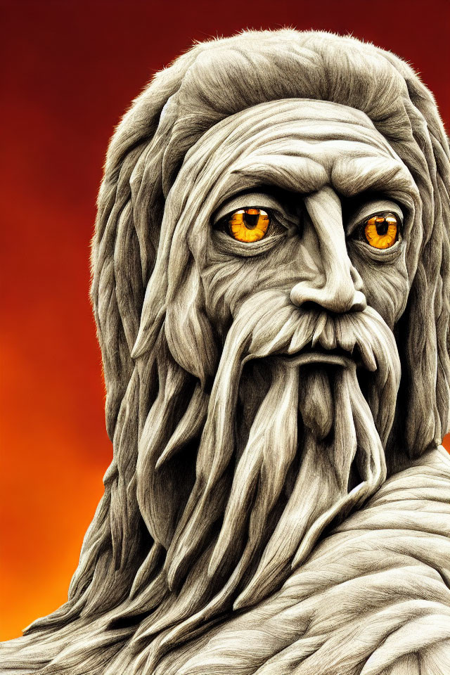 Figure with Long Flowing Beard and Orange Eyes on Fiery Background