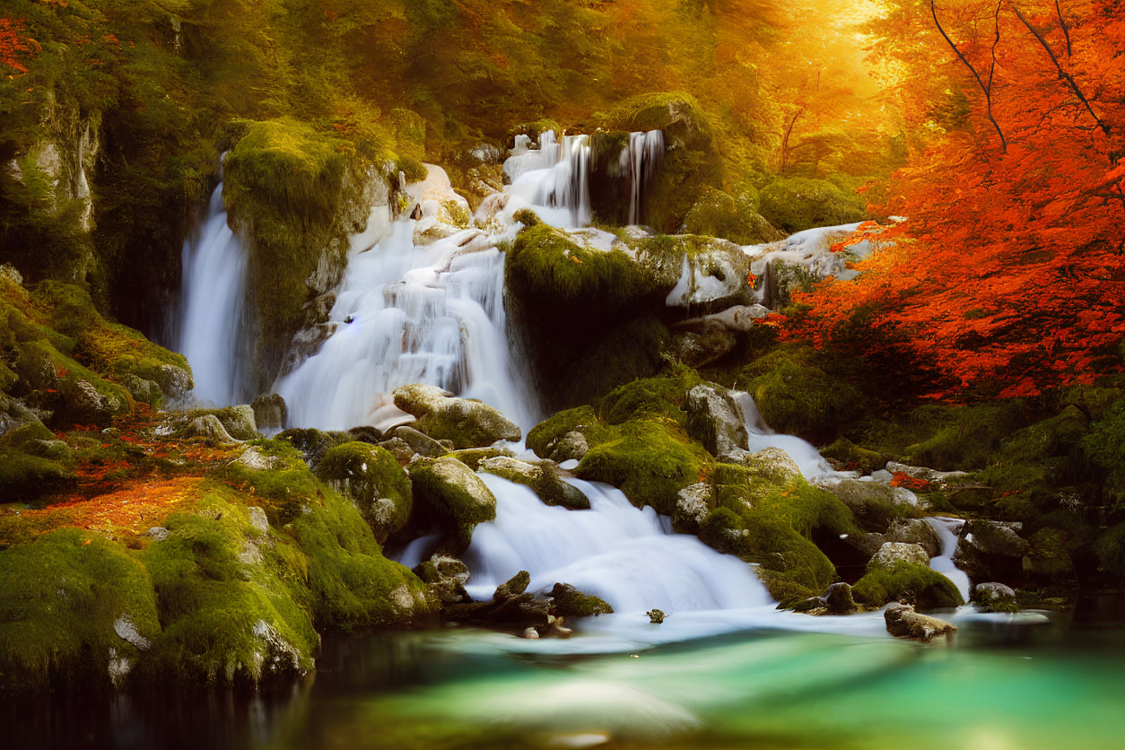 Autumn forest waterfall with moss-covered rocks and vibrant foliage