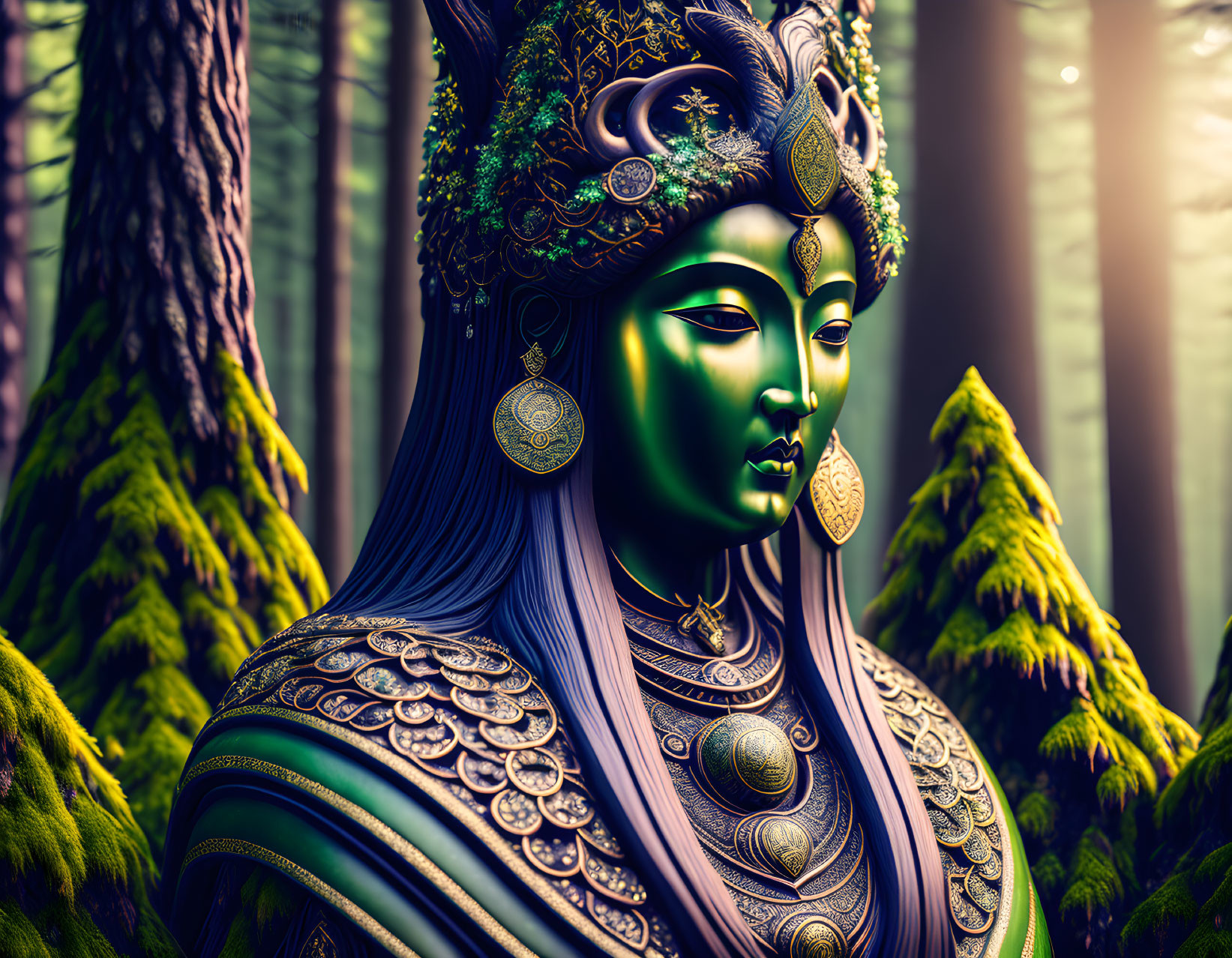 Regal green-skinned female in golden armor in mystical forest