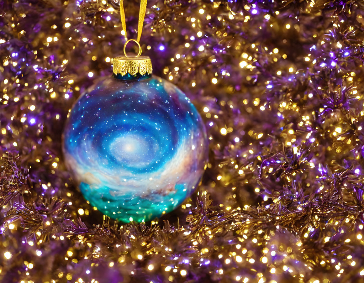 Galaxy-themed Christmas ornament in purple tinsel display