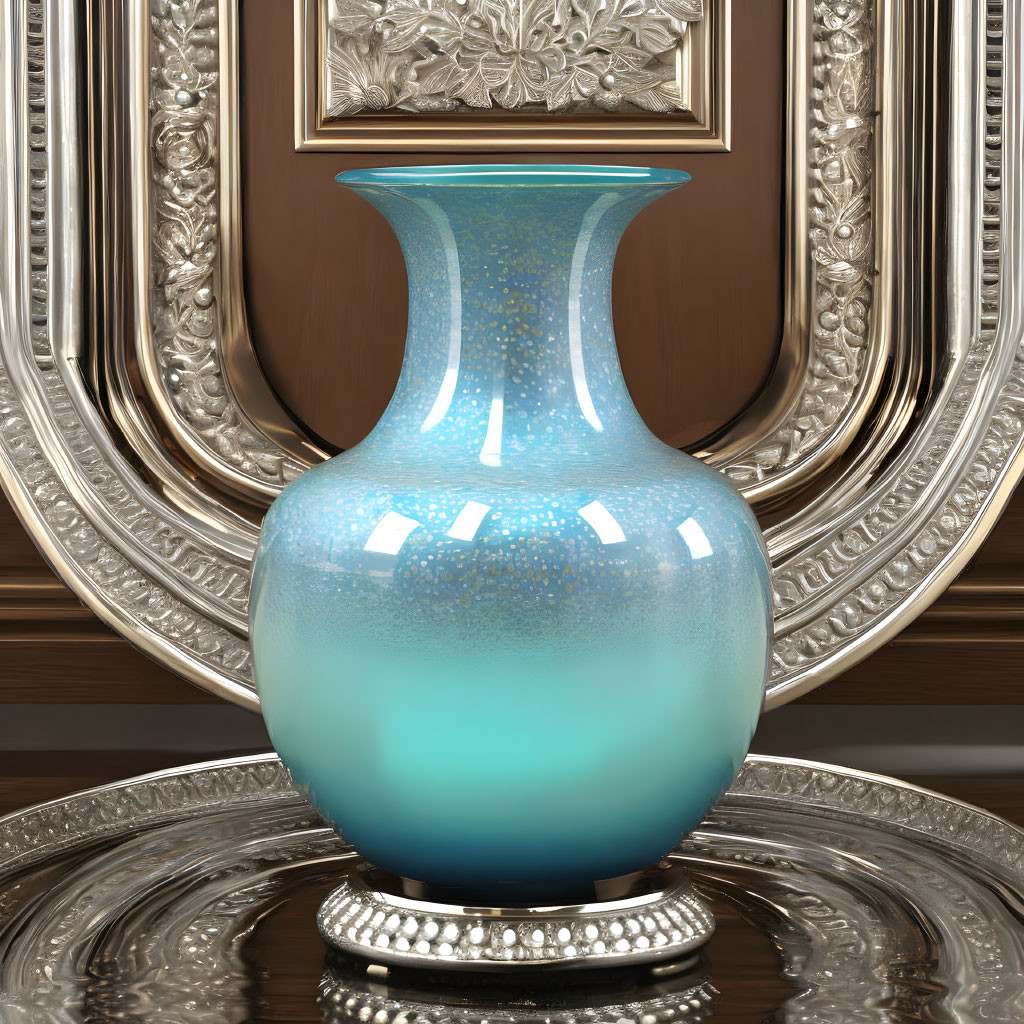 Blue Speckled Design Vase on Reflective Surface with Silver Accents