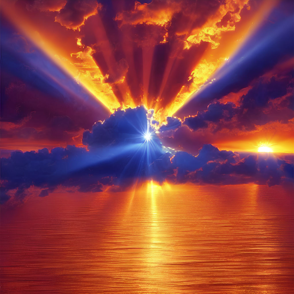 Colorful sunset with sun rays through clouds over calm sea