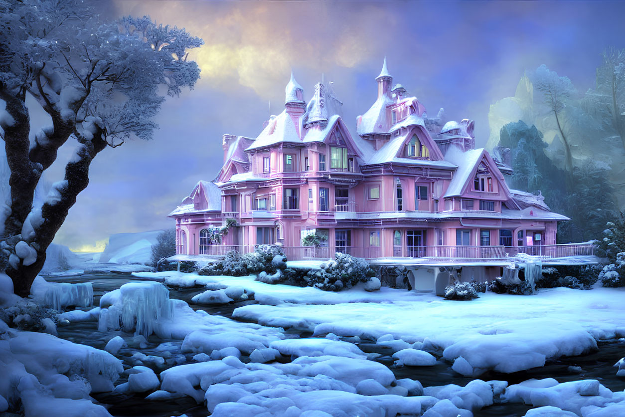 Victorian-style pink house in snowy landscape with frozen river and colorful sky.