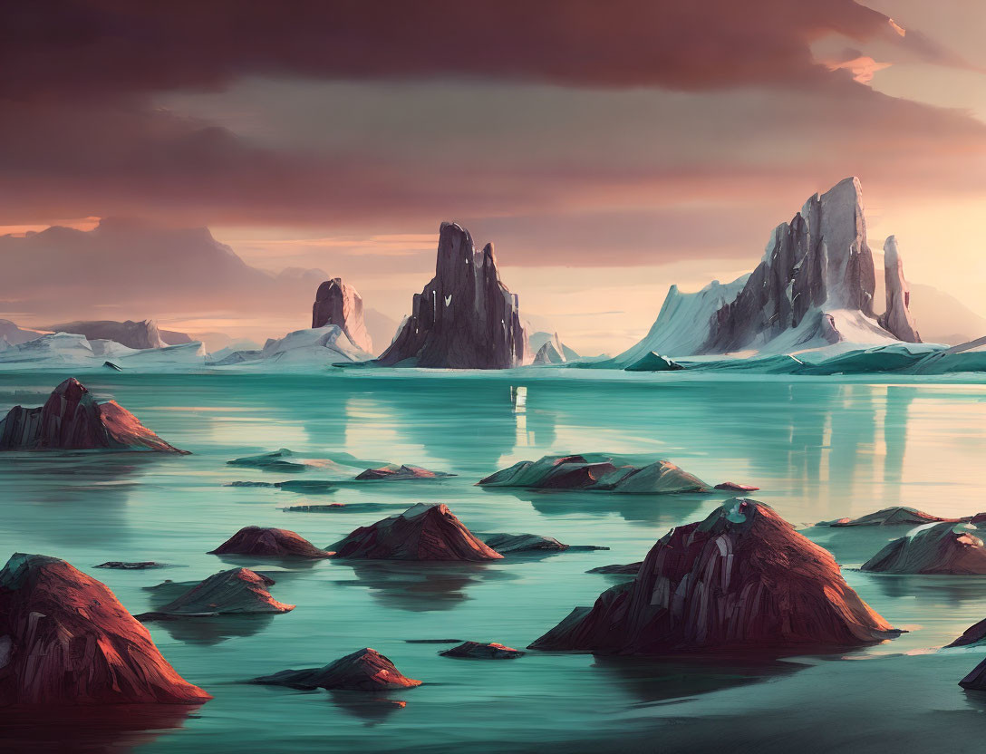 Tranquil landscape with ice formations in turquoise sea under amber sky