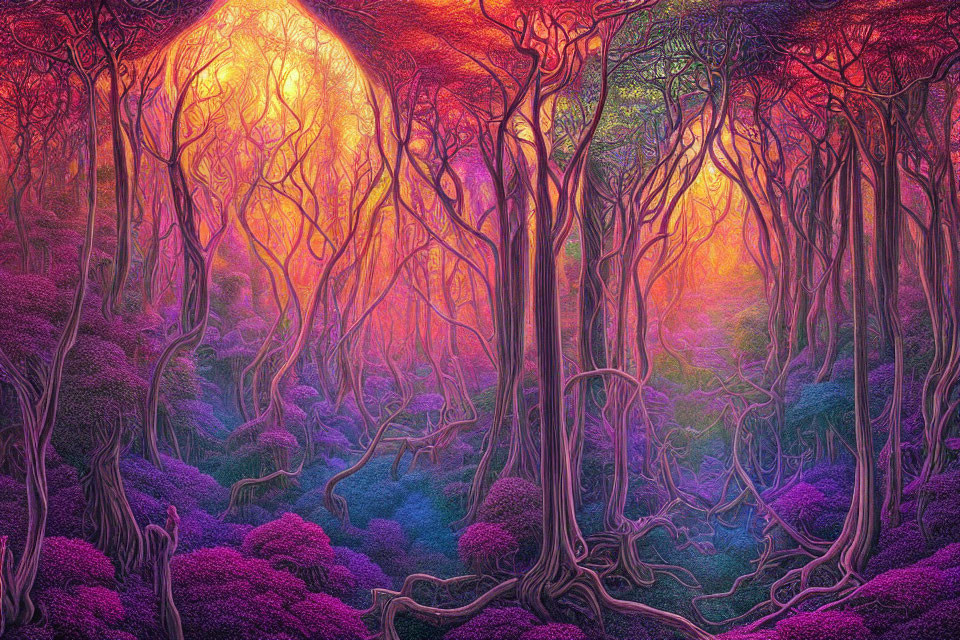 Colorful Fantasy Forest with Twisted Trees in Purple, Pink, and Orange