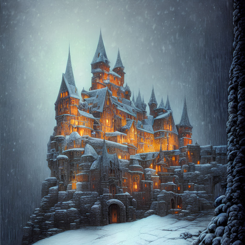 Snow-covered castle with spires in a winter landscape