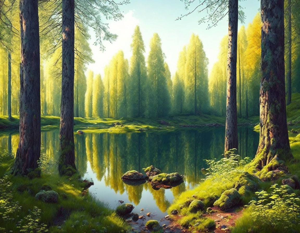 Tranquil forest landscape with tall trees, pond reflection, green foliage, mossy rocks, and