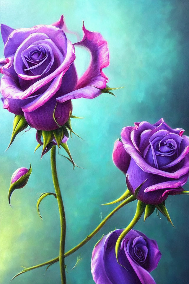 Detailed purple roses on blue-green backdrop